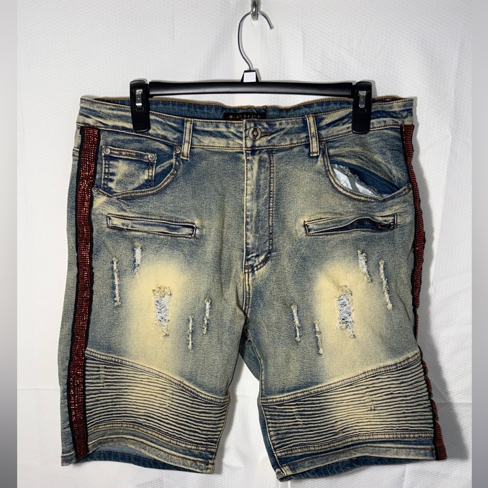 M Society Distressed Blue Tuxedo Side Stripe urban Jeans MEN SHORTS Size: 38